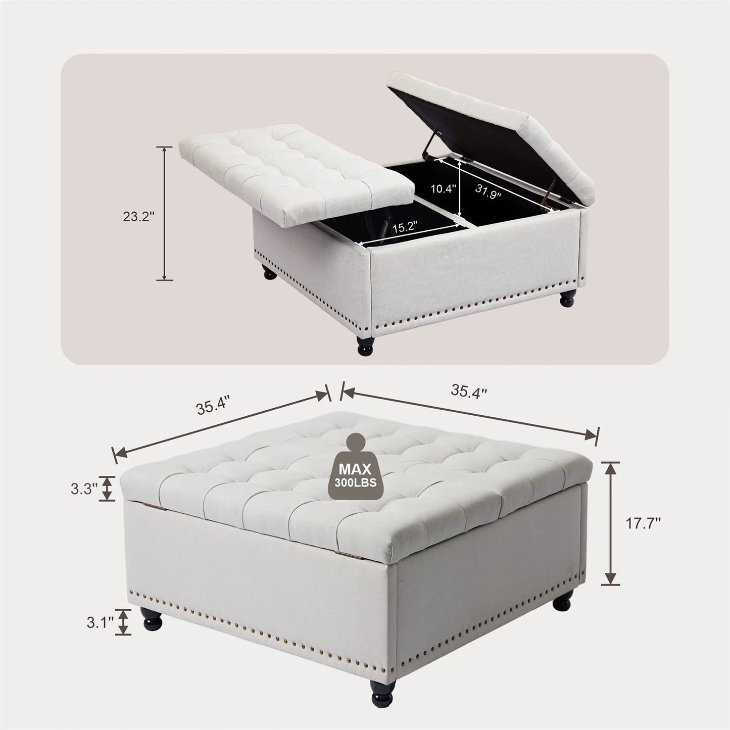 REDLIFE 35" Large Square Storage Ottoman