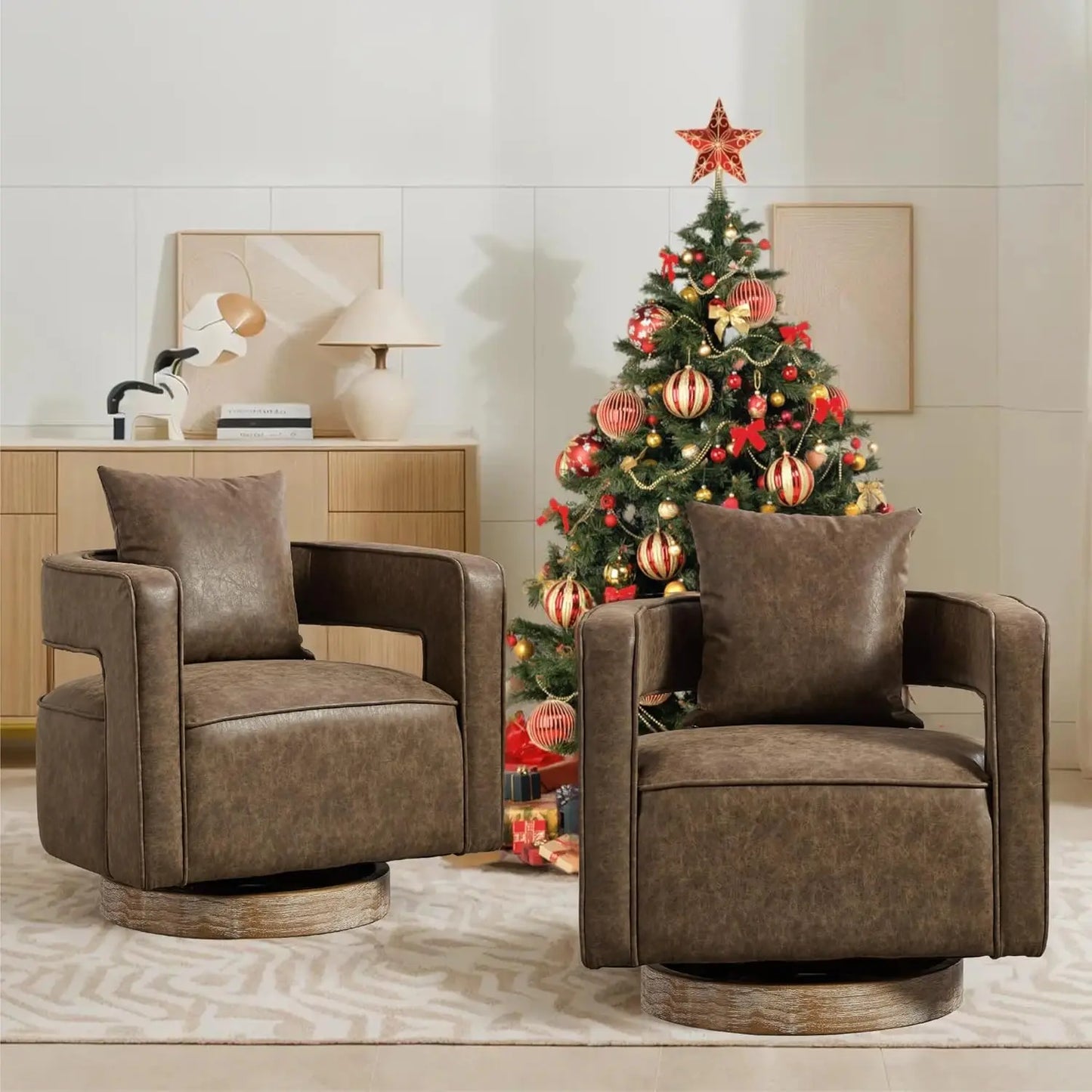 Upholstered Swivel Accent Chair Set of 2 Linen Open Back Barrel Chair with Pillow for Living Room, Beige