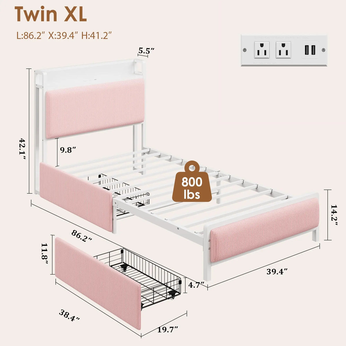 Metal Platform Bed Frame with 2 Storage Drawers