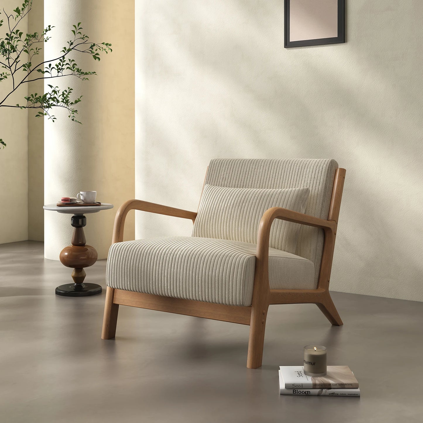 Mid Century Modern Accent Chair, Comfy Fabric Reading Chair with Solid Wood Frame, Easy Assembly Armchair for Living Room ,Bedroom