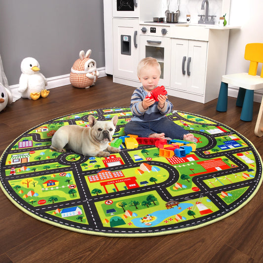 Carpet 4ft Round Kids Rug,Playroom Car Rug Play Mat,City Life Road Rug for Cars,Fun City Map for Track Toys