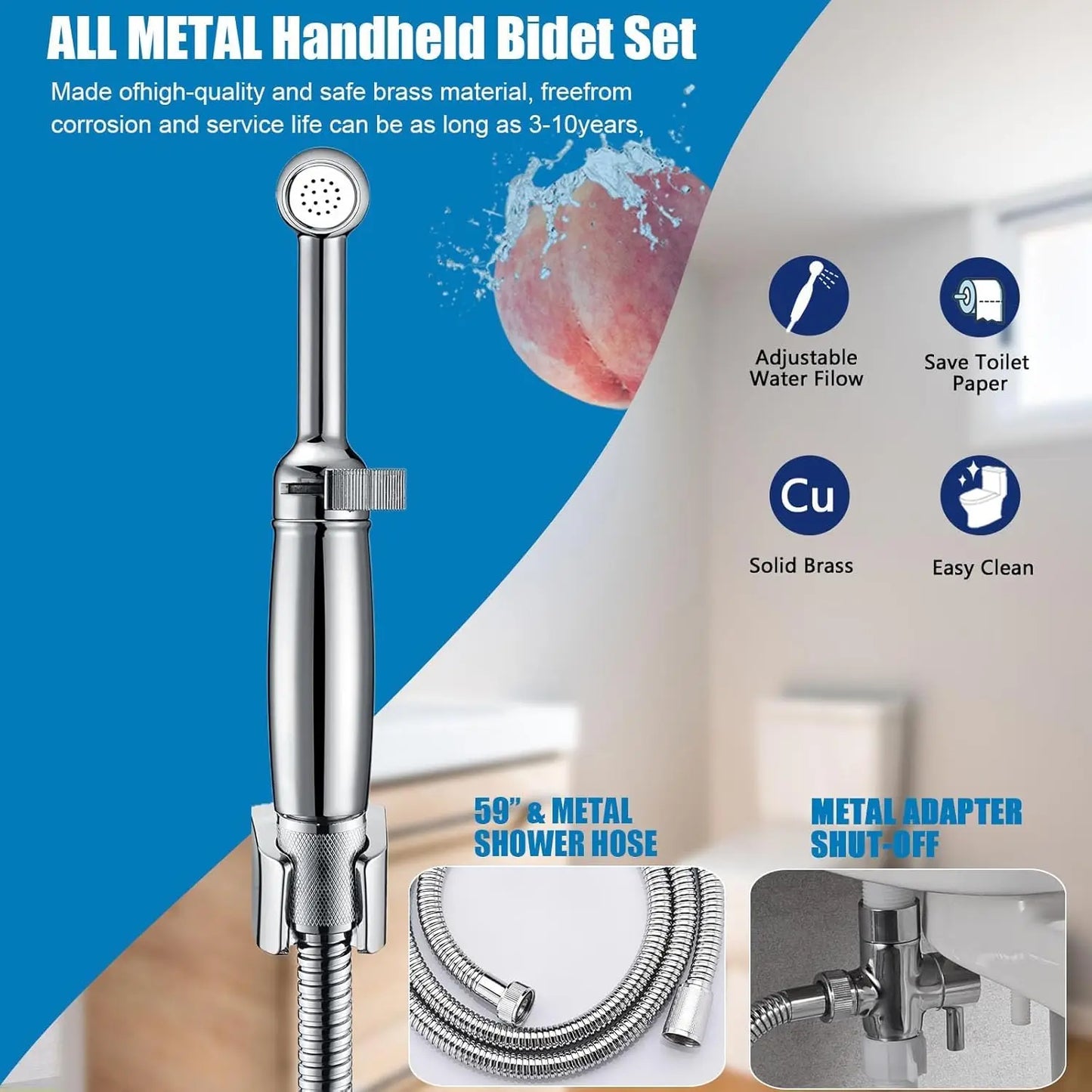 Handheld Bidet Sprayer for Toilet with Adjustable Pressure, Backflow Preventer, and Brass Wand - Easy Installation