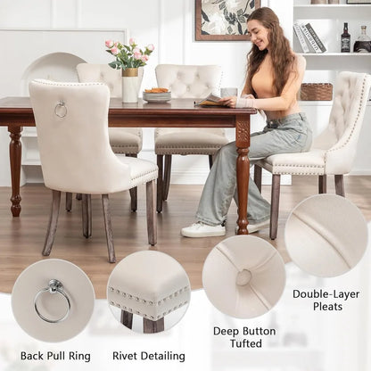 Velvet Dining Chairs Set of 6, Upholstered Dining Room Chairs with Nailhead Ring Pull Trim, Button Tufted Wing Back Chairs