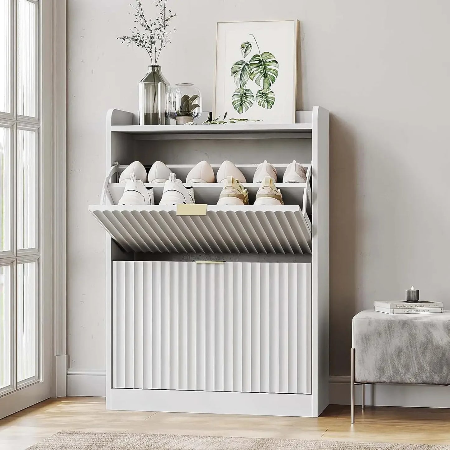 Slim Set of 1-2 Fluted Shoe Cabinets