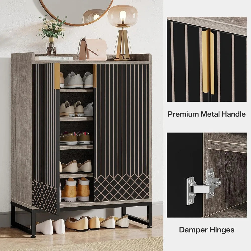 Grey Shoe Cabinet with Doors, 5-Tier Shoe Storage
