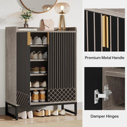 Grey Shoe Cabinet with Doors, 5-Tier Shoe Storage