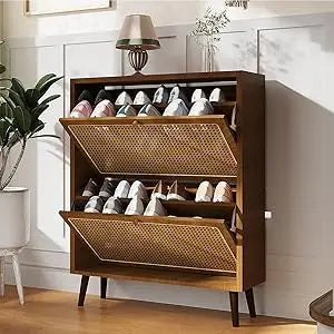 Modern Shoe Cabinet: Slim 2-Tier Flip Oak Wood Drawer