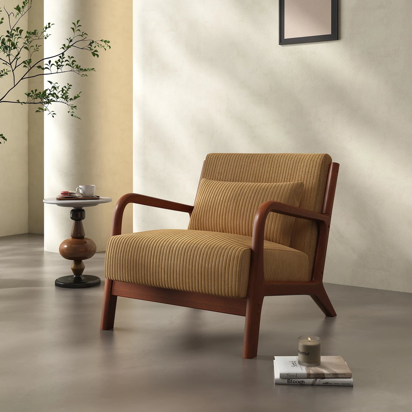 Mid Century Modern Accent Chair, Comfy Fabric Reading Chair with Solid Wood Frame, Easy Assembly Armchair for Living Room ，Bedroom