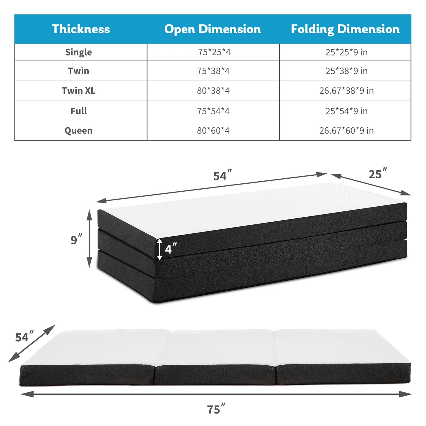 Tri-Fold Memory Foam Mattress, Collapsible
