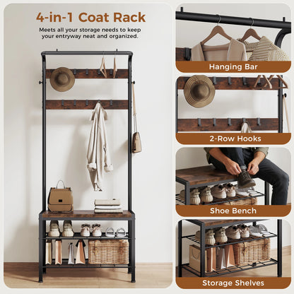 4-in-1 Coat Rack with Shoe Bench
