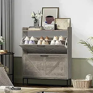 Narrow Cabinet with 2 Flip Drawers, Shoe Organizer