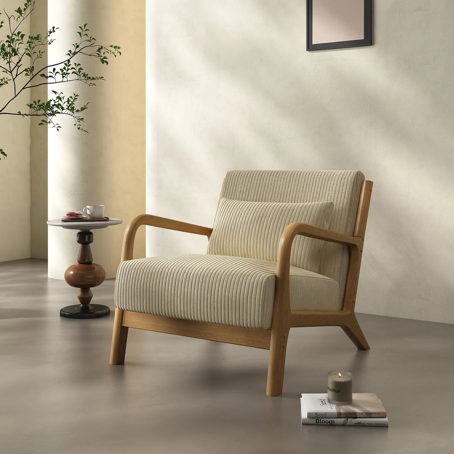 Mid Century Modern Accent Chair, Comfy Fabric Reading Chair with Solid Wood Frame, Easy Assembly Armchair for Living Room ，Bedroom
