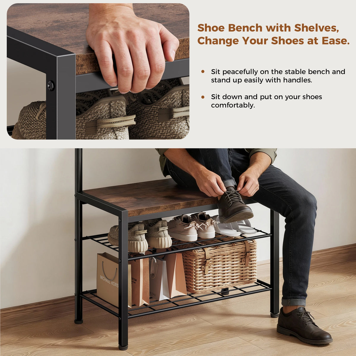 4-in-1 Coat Rack with Shoe Bench
