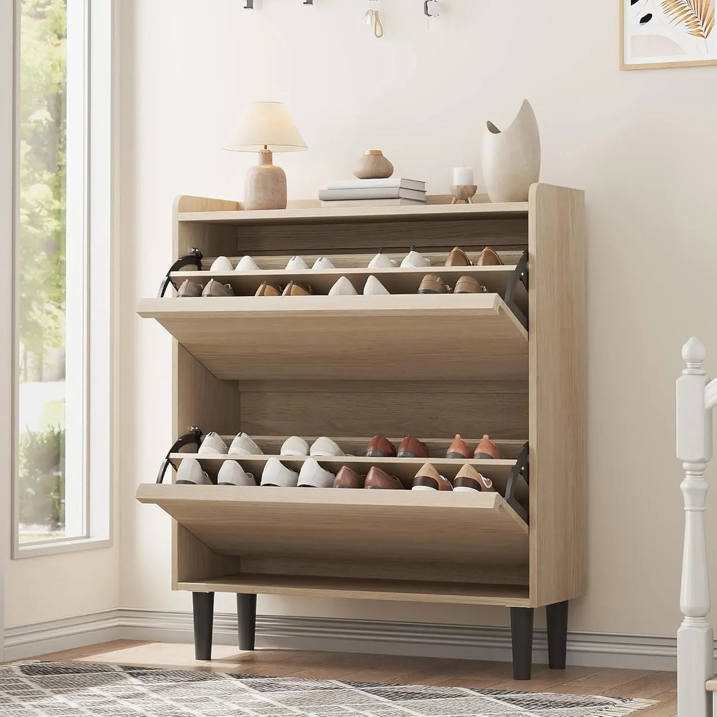 Wooden Shoe Cabinet with Flip Drawers