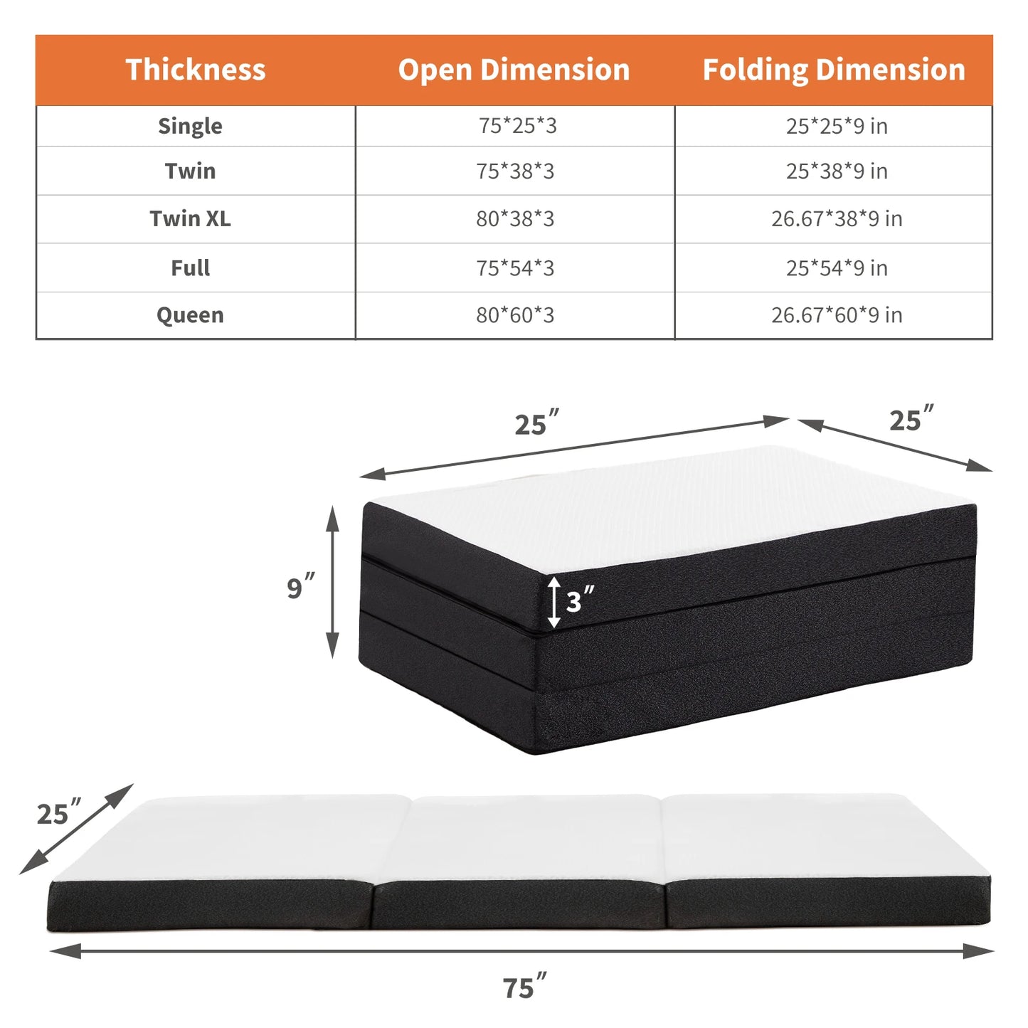 Tri-Fold Memory Foam Mattress, Collapsible