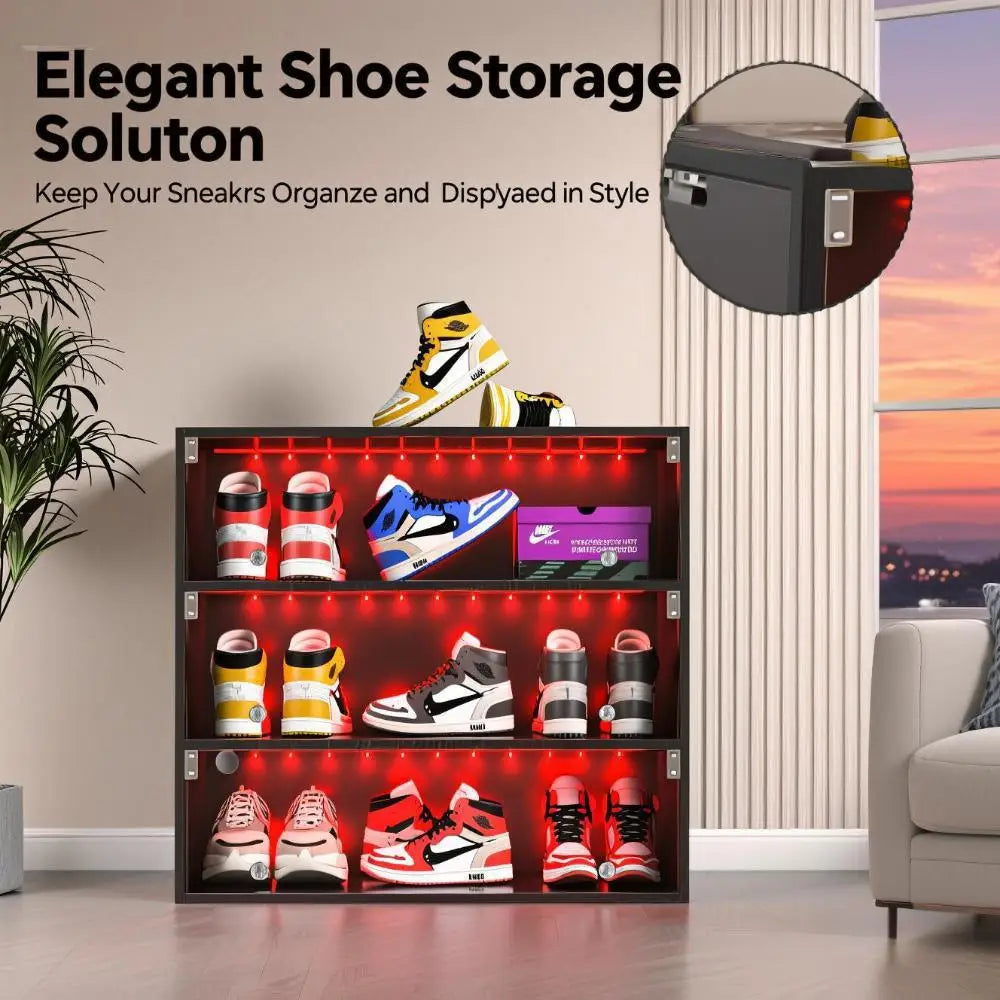 3-Tier LED Shoe Cabinet with Glass Door