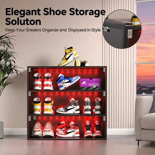 3-Tier LED Shoe Cabinet with Glass Door