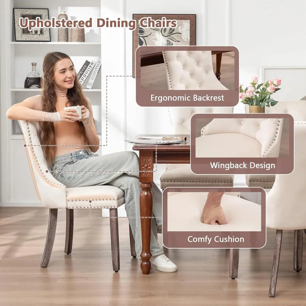 Velvet Dining Chairs Set of 6, Upholstered Dining Room Chairs with Nailhead Ring Pull Trim, Button Tufted Wing Back Chairs