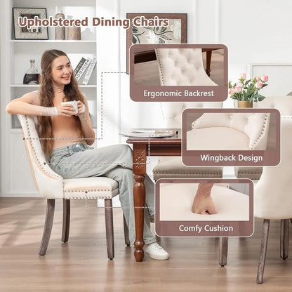 Velvet Dining Chairs Set of 6, Upholstered Dining Room Chairs with Nailhead Ring Pull Trim, Button Tufted Wing Back Chairs