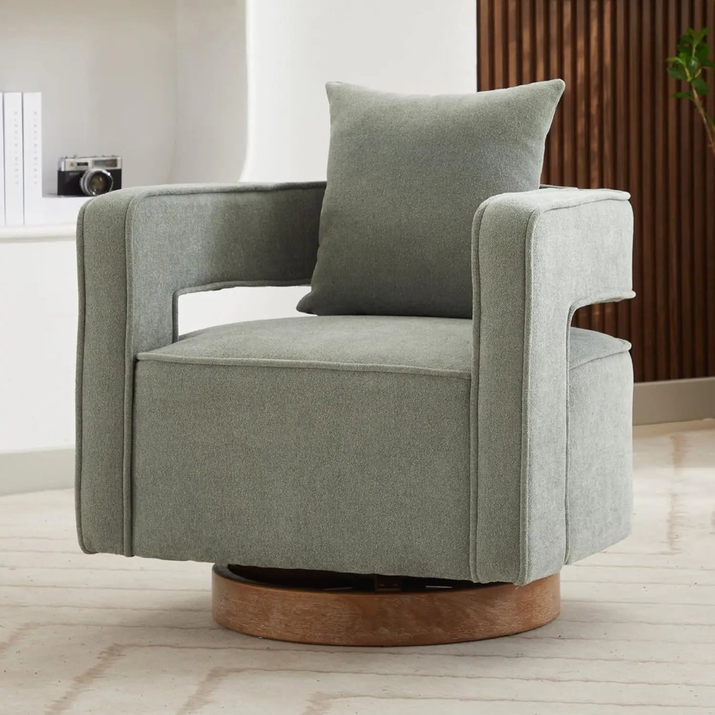 Upholstered Swivel Accent Chair Set of 2 Linen Open Back Barrel Chair with Pillow for Living Room, Beige