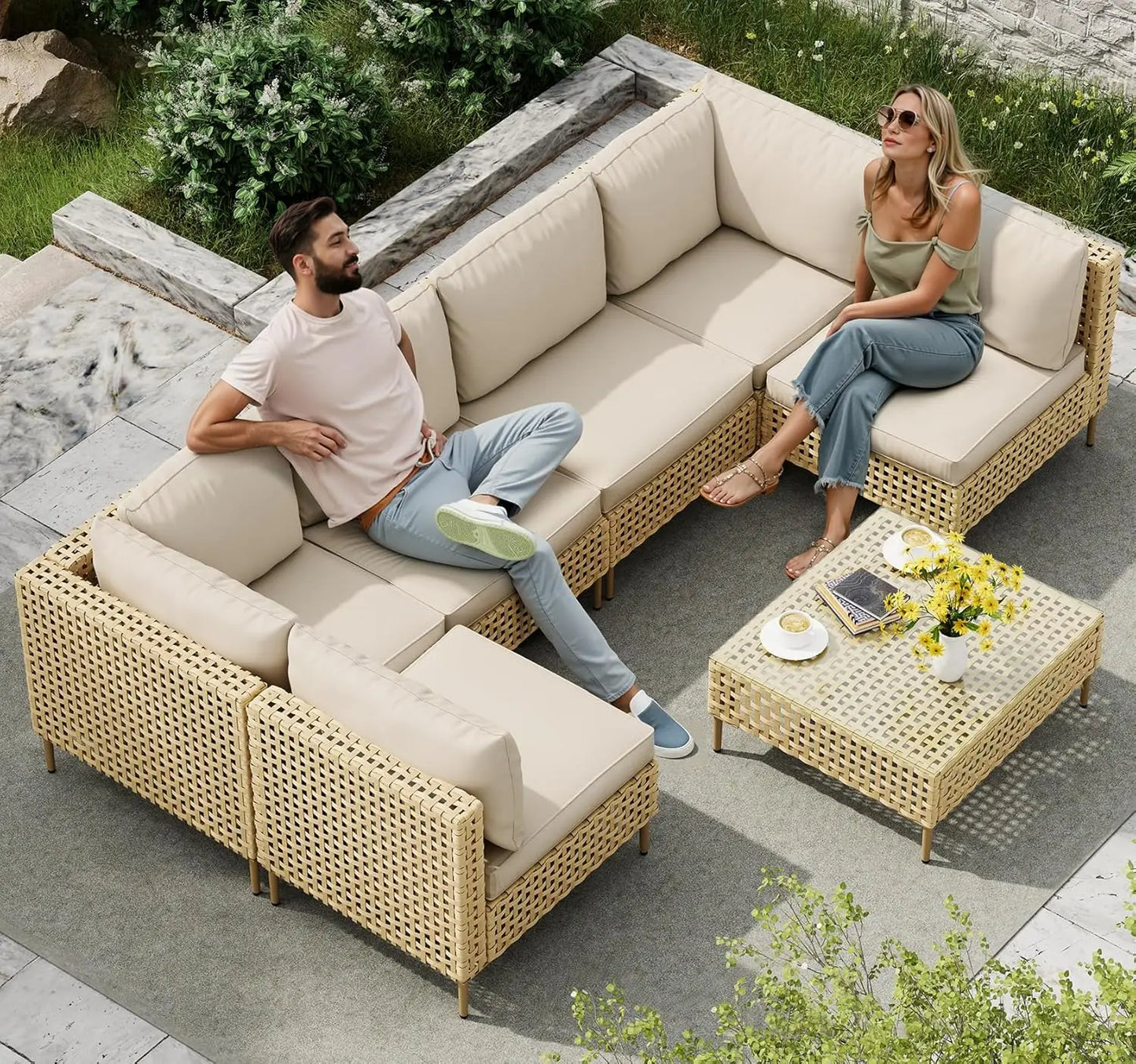 7 Piece Wicker Outdoor Sectional Sofa Set