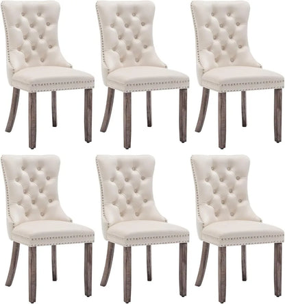 Velvet Dining Chairs Set of 6, Upholstered Dining Room Chairs with Nailhead Ring Pull Trim, Button Tufted Wing Back Chairs