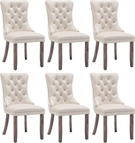 Velvet Dining Chairs Set of 6, Upholstered Dining Room Chairs with Nailhead Ring Pull Trim, Button Tufted Wing Back Chairs