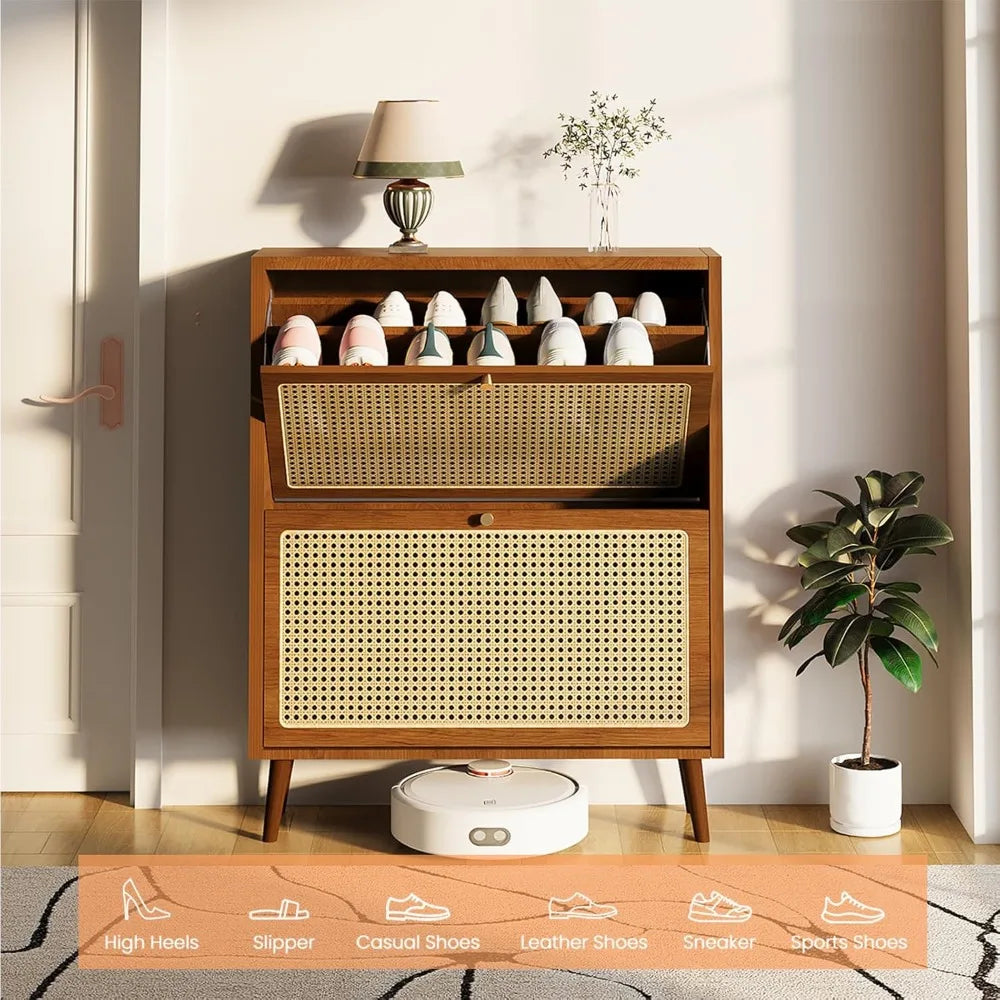 Modern Shoe Cabinet: Slim 2-Tier Flip Oak Wood Drawer