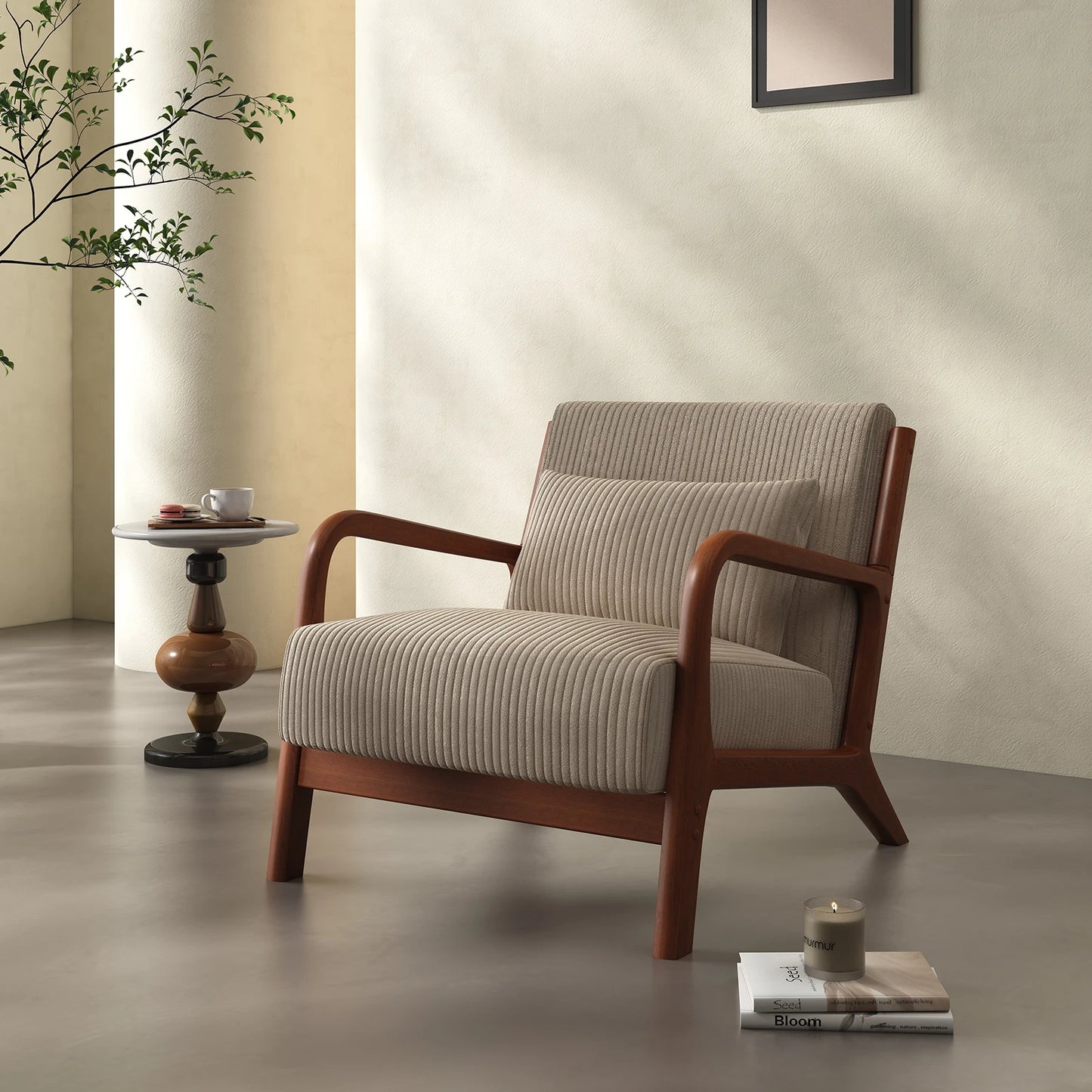Mid Century Modern Accent Chair, Comfy Fabric Reading Chair with Solid Wood Frame, Easy Assembly Armchair for Living Room ，Bedroom