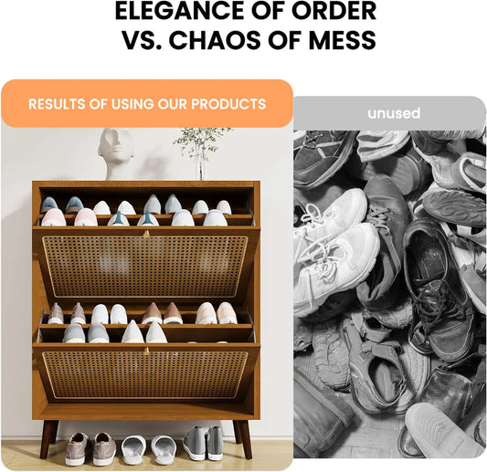 Modern Shoe Cabinet: Slim 2-Tier Flip Oak Wood Drawer