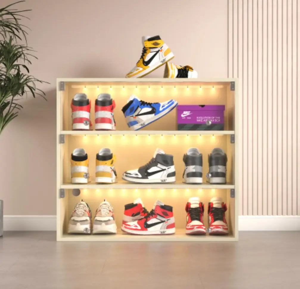 3-Tier LED Shoe Cabinet with Glass Door