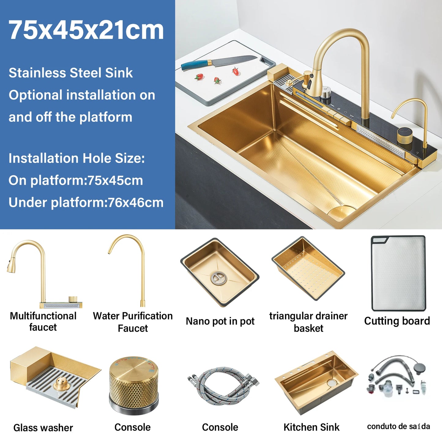 304 Stainless Steel Waterfall Kitchen Sink Large Single Slot