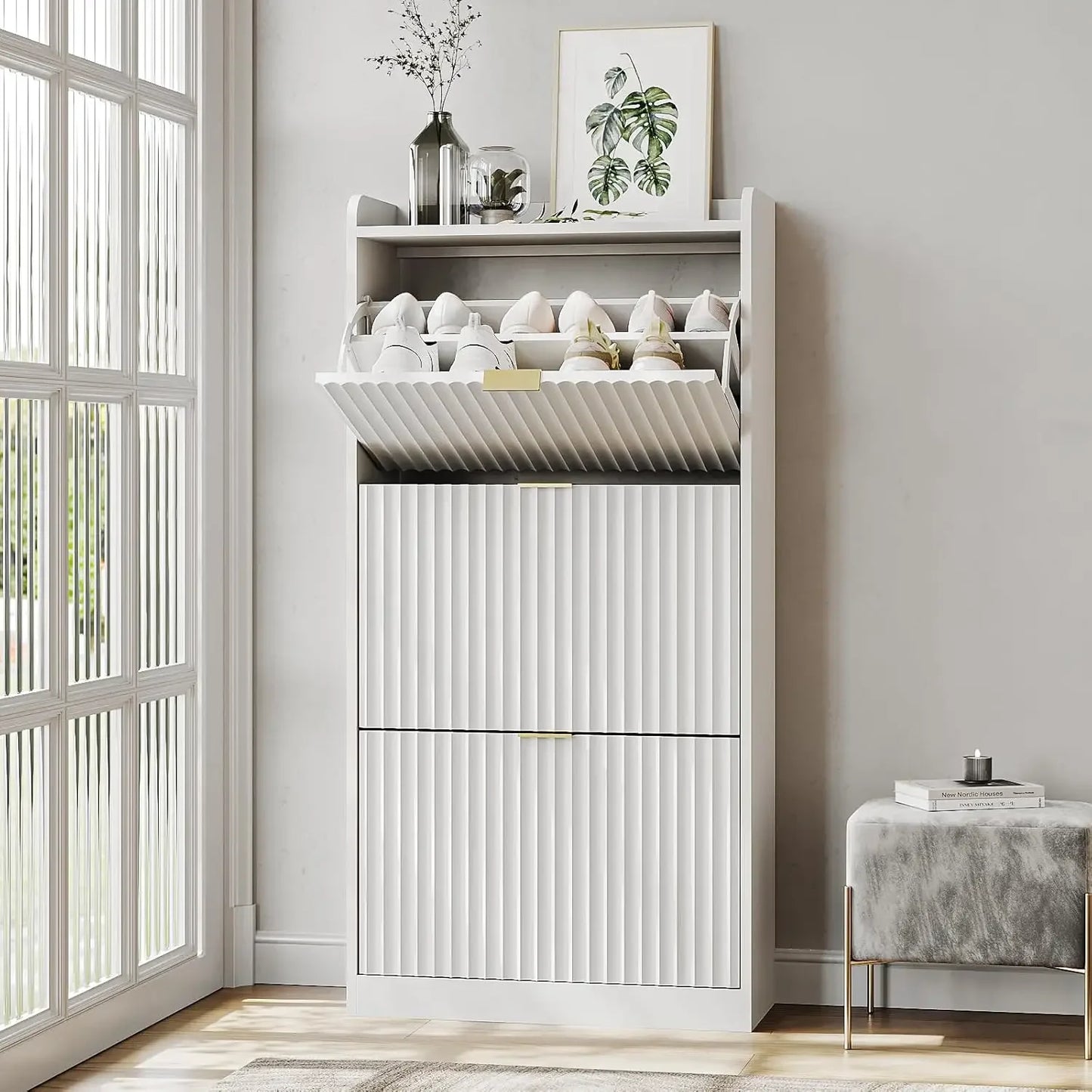 Slim Set of 1-2 Fluted Shoe Cabinets