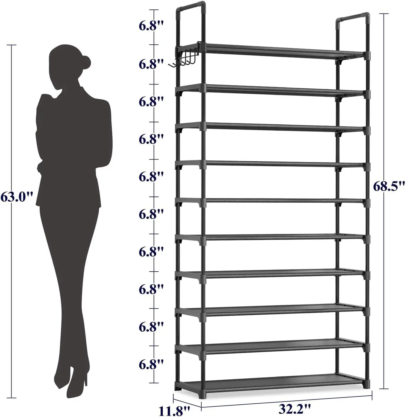 10-Tier Shoe Rack with Hooks
