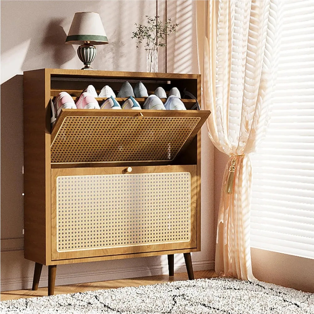 Modern Shoe Cabinet: Slim 2-Tier Flip Oak Wood Drawer