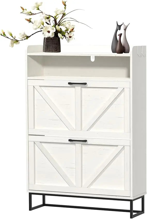 Narrow Cabinet with 2 Flip Drawers, Shoe Organizer