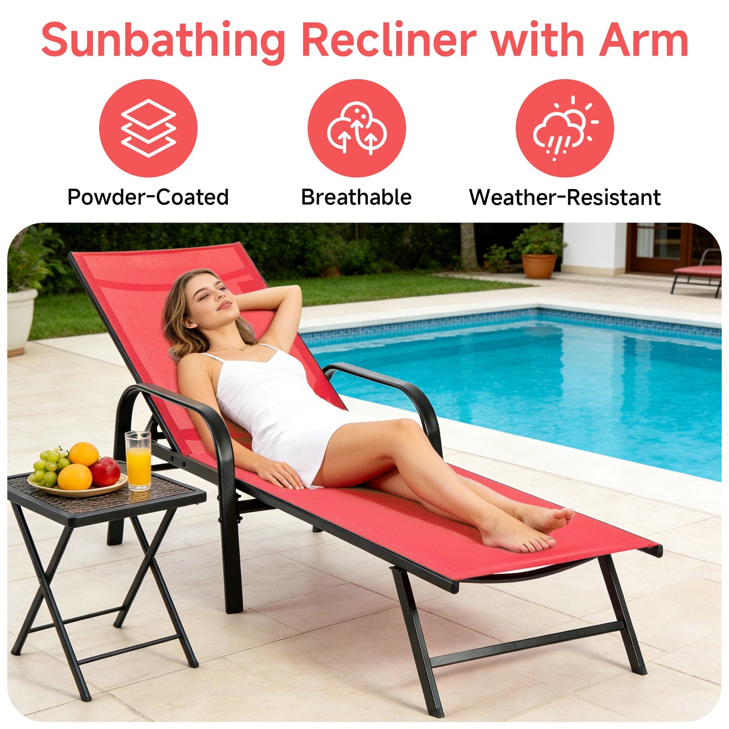 JHK Folding Portable 8-legged Beach Chair Outdoor Sun Chairs with Armrests Metal Frame Lounge Recliner Chair for Patio Backyard