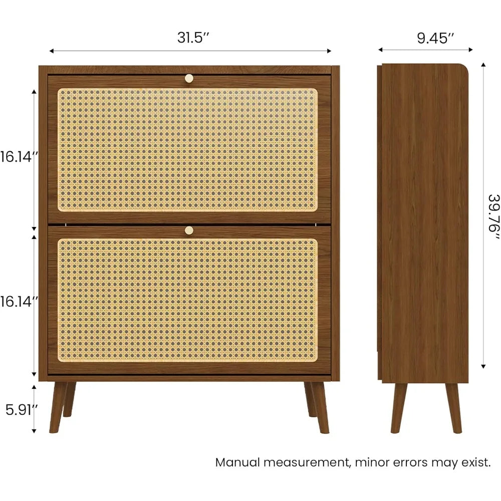 Modern Shoe Cabinet: Slim 2-Tier Flip Oak Wood Drawer