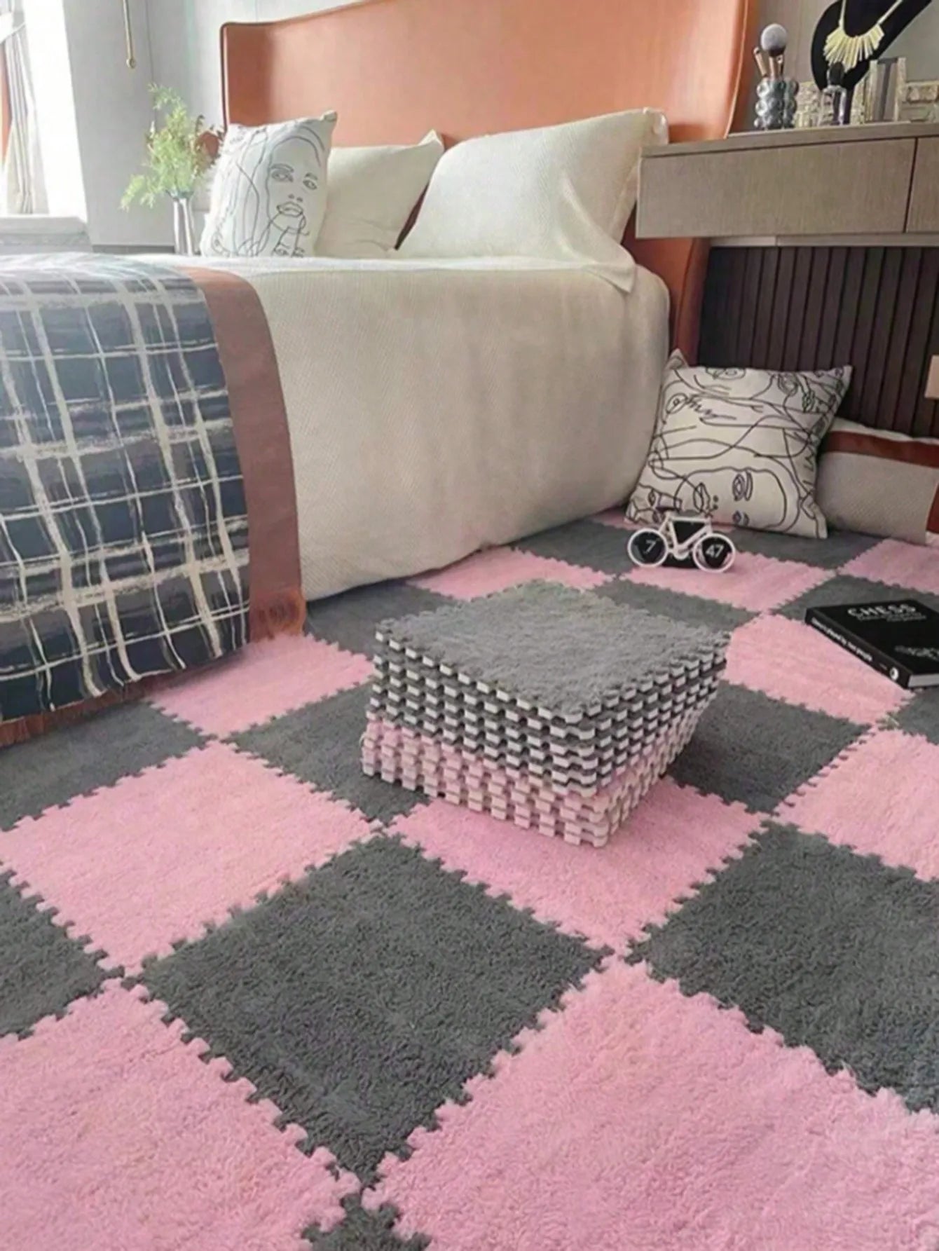 3/6/12Pcs Pink Plush Interlocking Foam Cushion Tiles