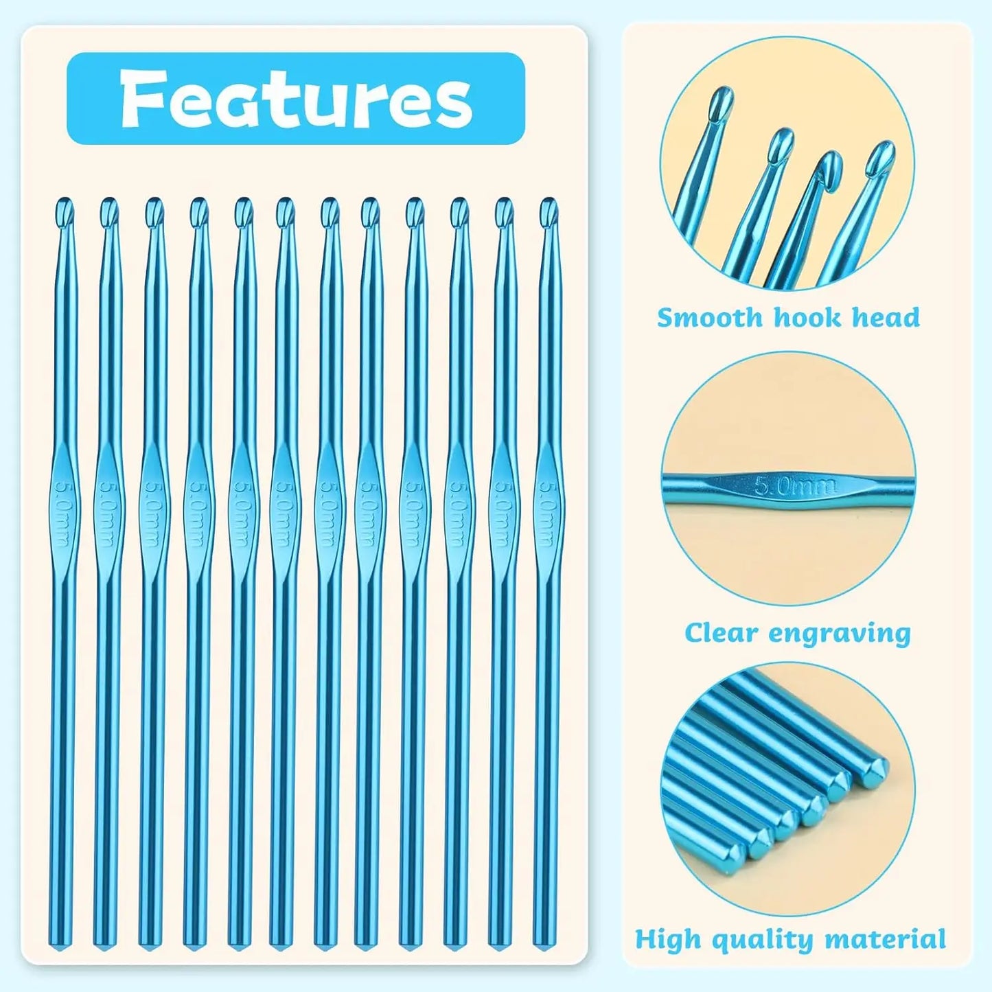 12Pcs 5mm Aluminum Crochet Hooks