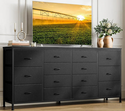 14 Drawer Dresser 63 in Black Fabric Dresser TV Stand with Power Outlet for 65 70 75 in TV Long Entertainment Center for Bedroom