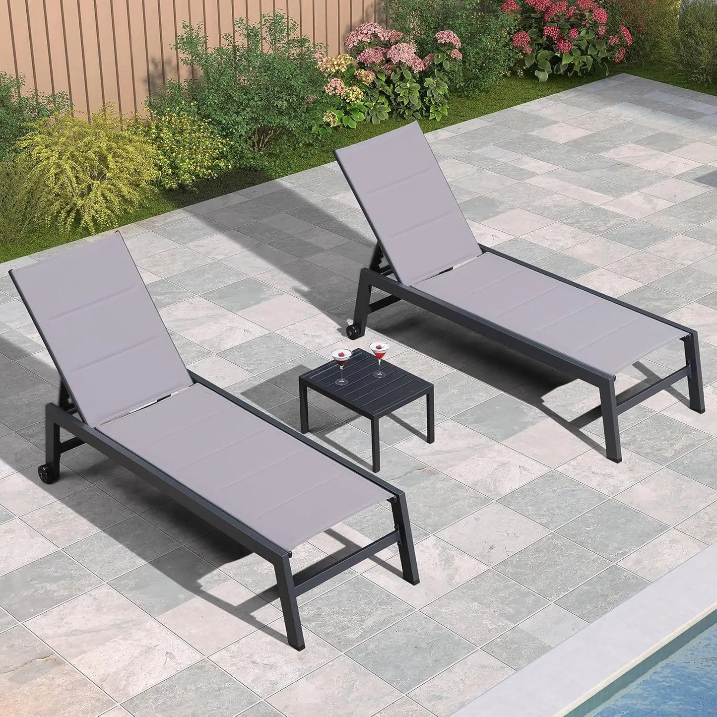 Outdoor Patio Chaise Lounge Set of 2 Aluminum Lounge Chair with Wheels and Side Table Pool Chaise Chair for Outdoor, Customized