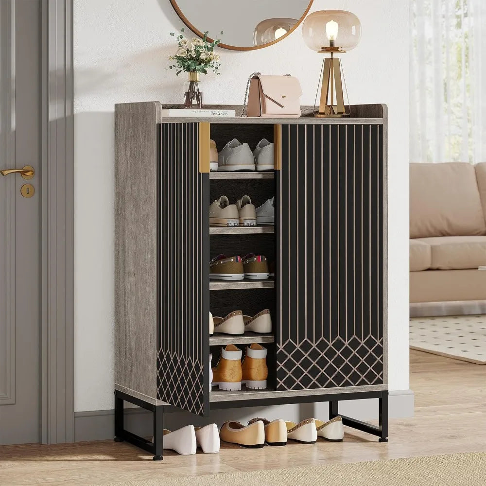 Grey Shoe Cabinet with Doors, 5-Tier Shoe Storage