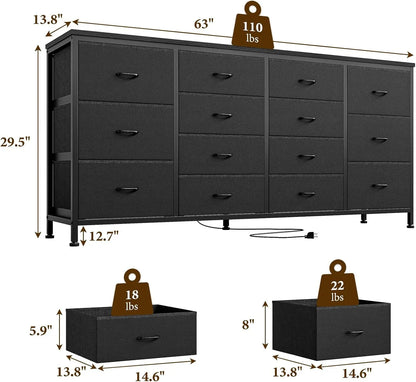 14 Drawer Dresser 63 in Black Fabric Dresser TV Stand with Power Outlet for 65 70 75 in TV Long Entertainment Center for Bedroom