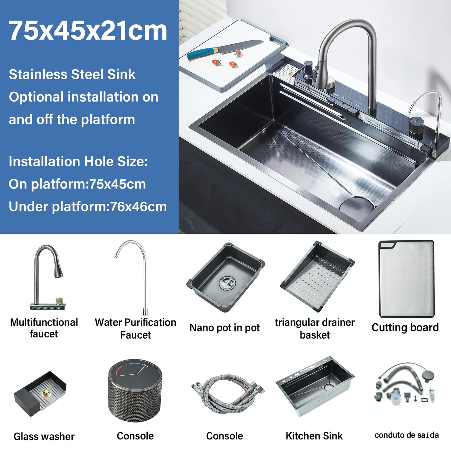 304 Stainless Steel Waterfall Kitchen Sink Large Single Slot
