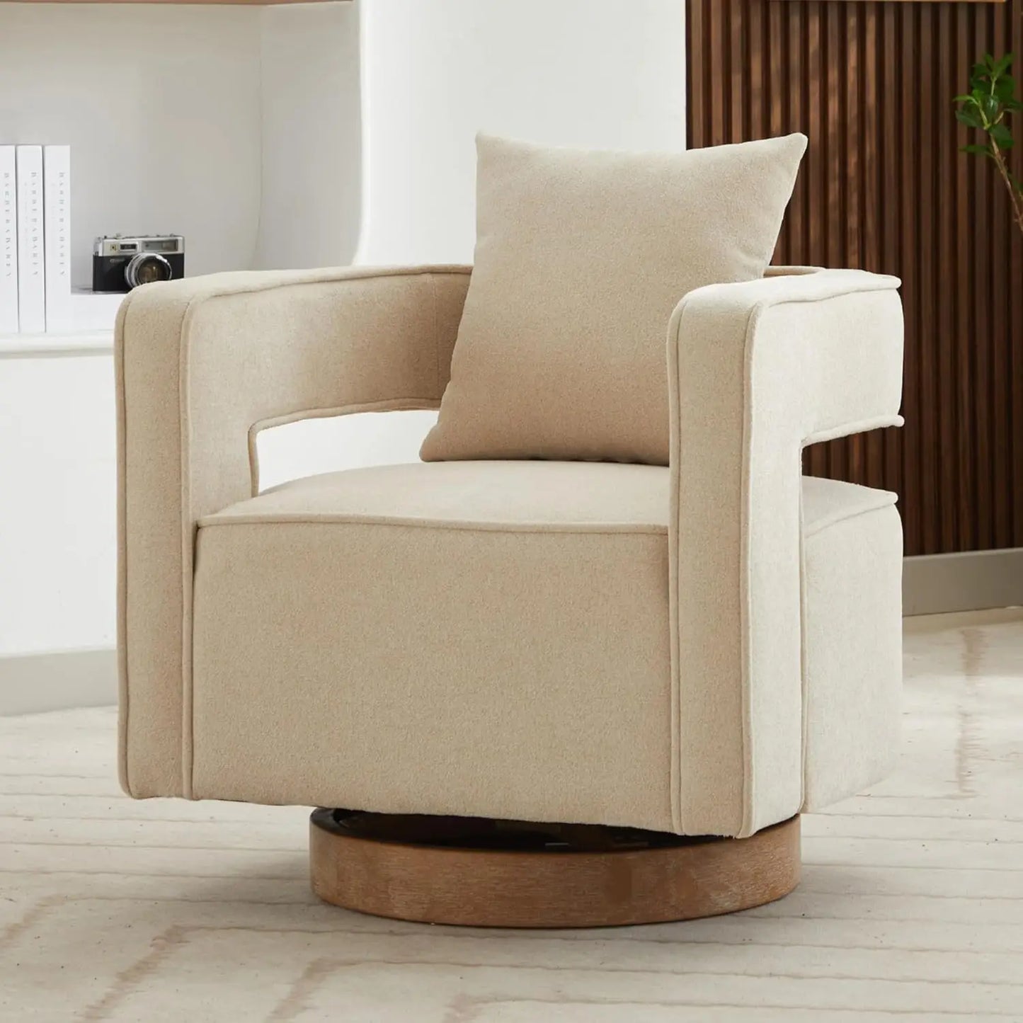 Upholstered Swivel Accent Chair Set of 2 Linen Open Back Barrel Chair with Pillow for Living Room, Beige