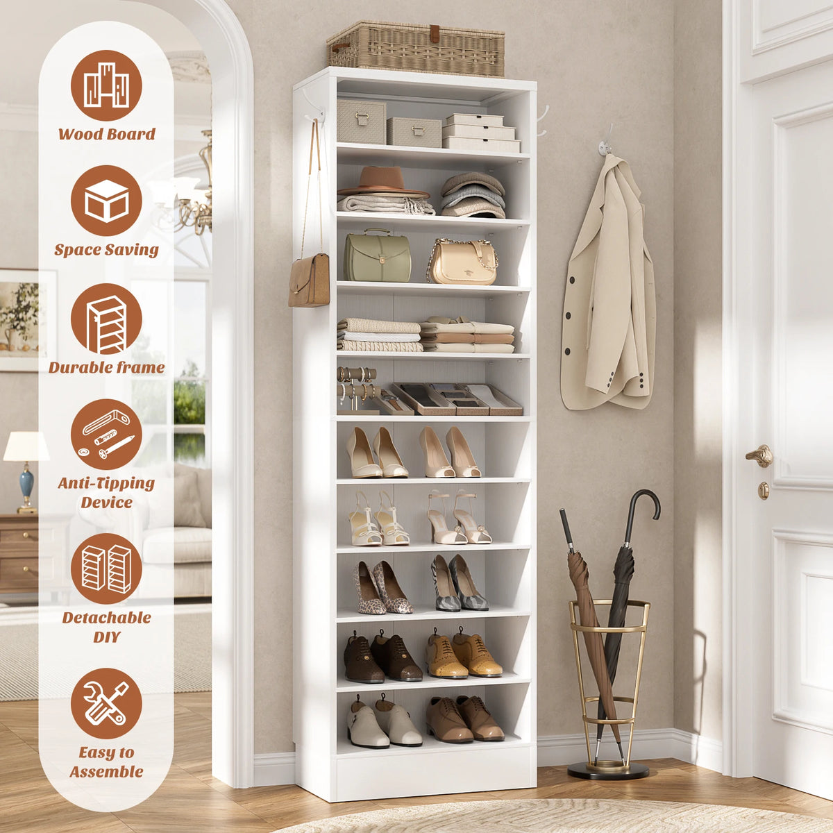 10 Tiers Narrow Wood Shoe Rack