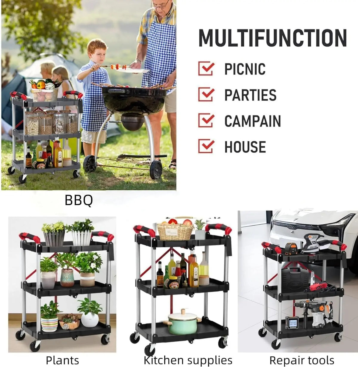 3 Tier Rolling Cart, 167Lbs