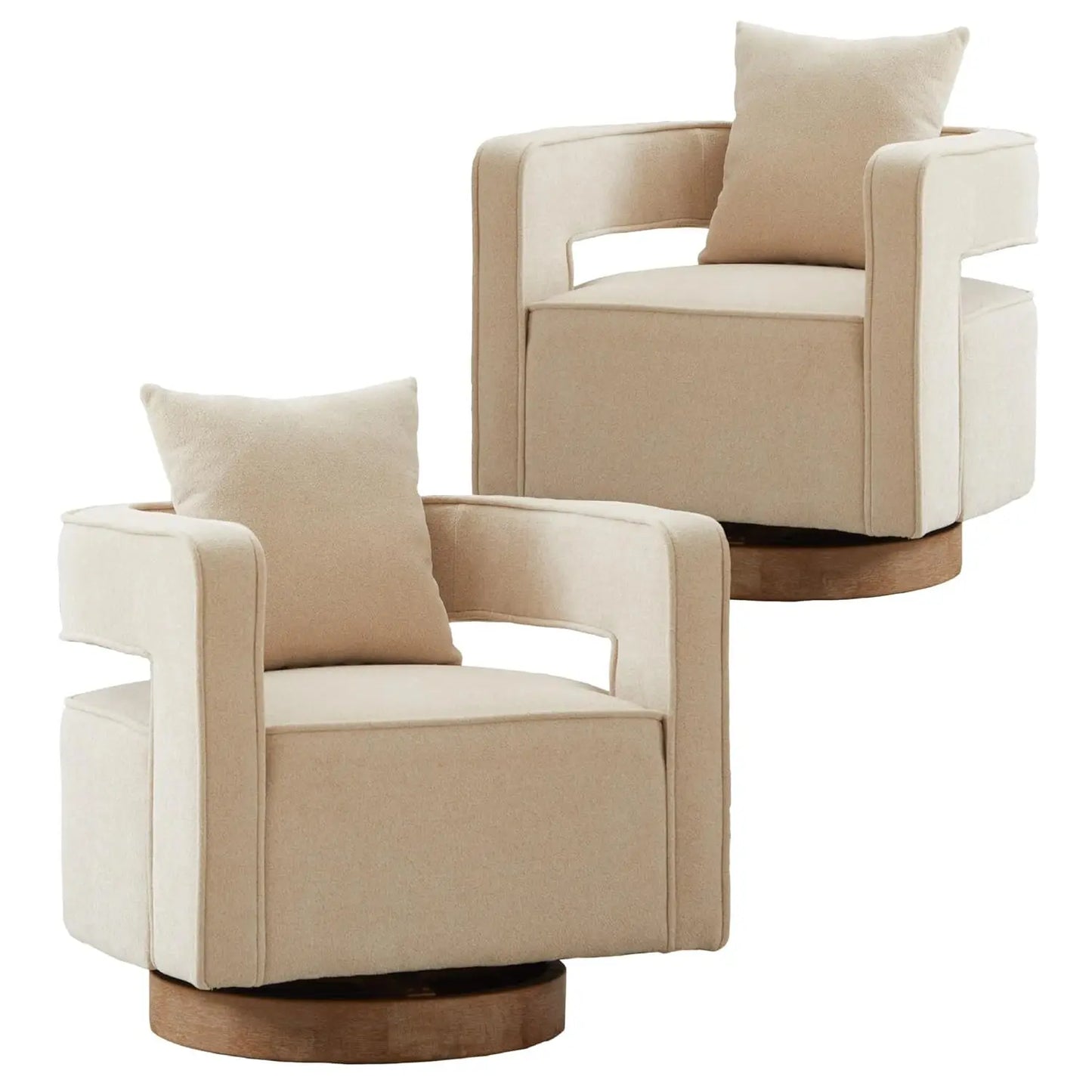 Upholstered Swivel Accent Chair Set of 2 Linen Open Back Barrel Chair with Pillow for Living Room, Beige