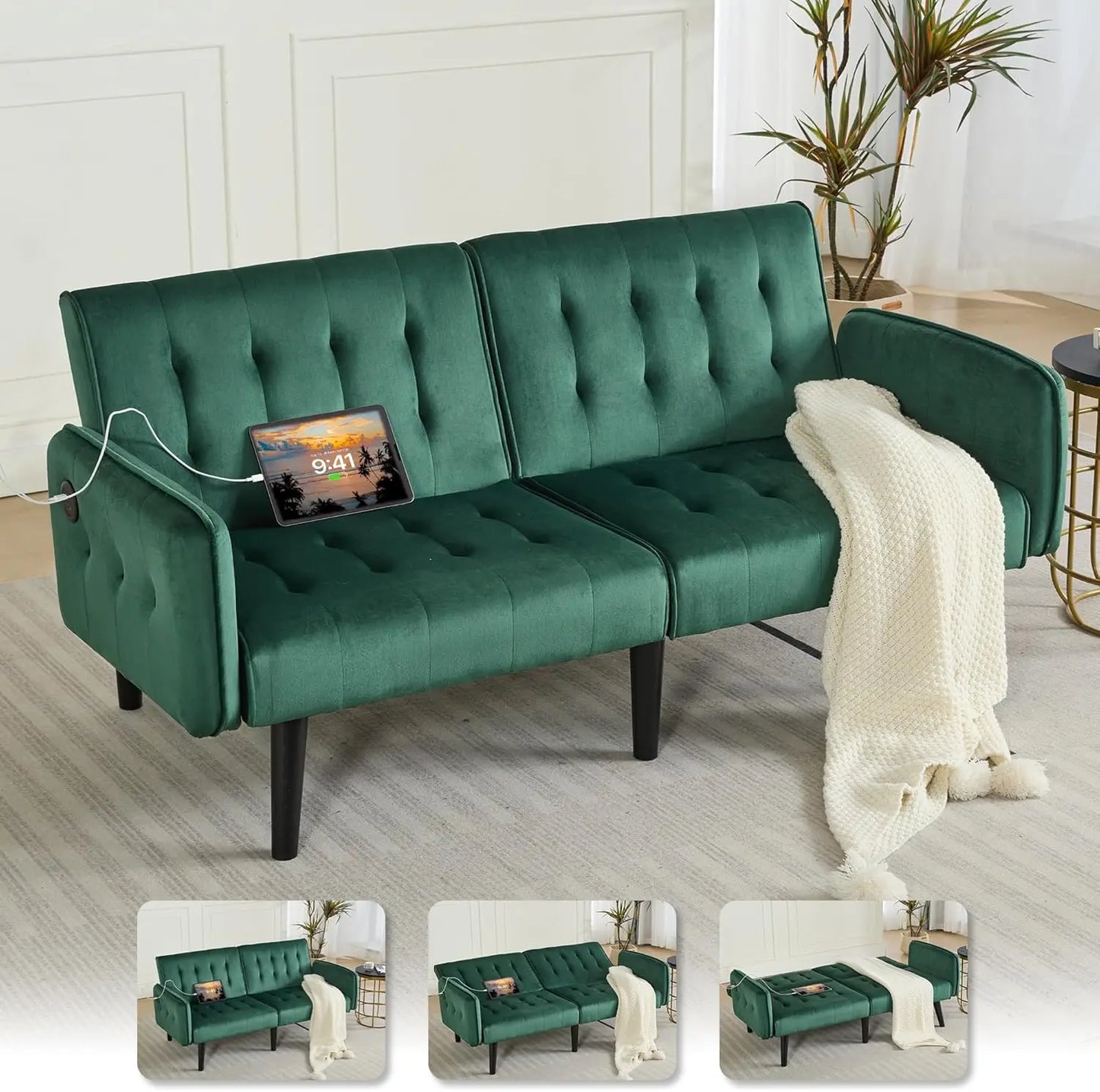 65" Futon Sofa Bed 2 USB
